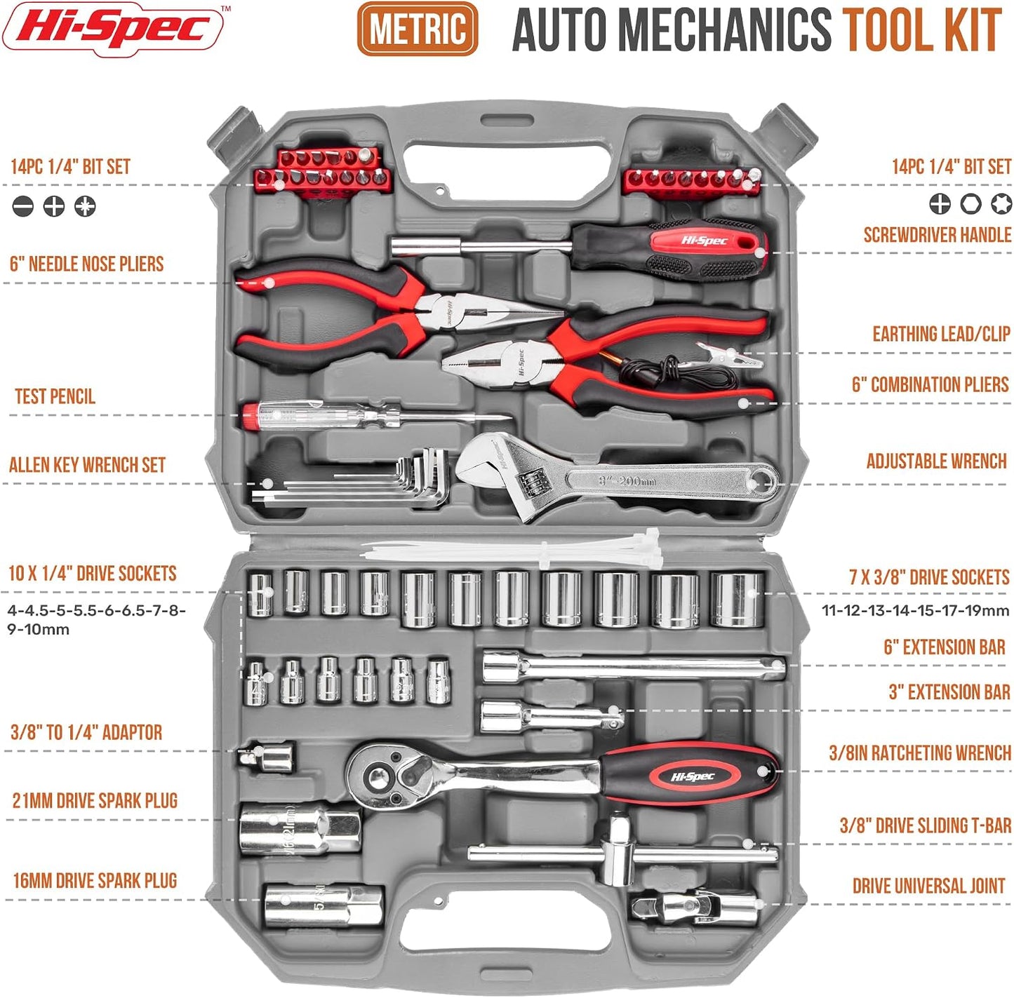 Hi-Spec 73pc Home and Garage Tool Kit Set. Essential Household and Auto Repair Tools. Includes Pliers, Sockets, Wrenches and a Hex Key Set in a Toolbox Carry Case