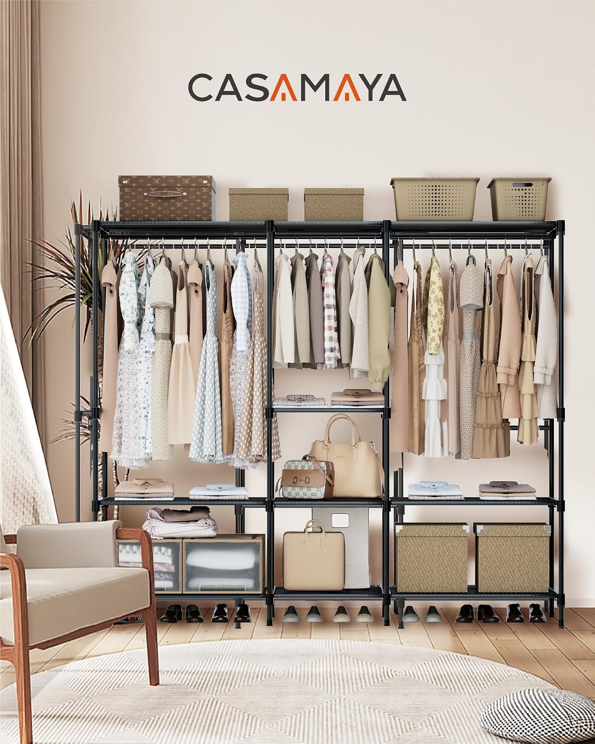 CASAMAYA Clothes Rack, Portable Closet, 80.7 Inch Extra Large Capacity Wardrobe Closet, Clothes Storage Organizer with Shelves and 5 Hanging Rods, Easy to Assembly, Black PCT036B01
