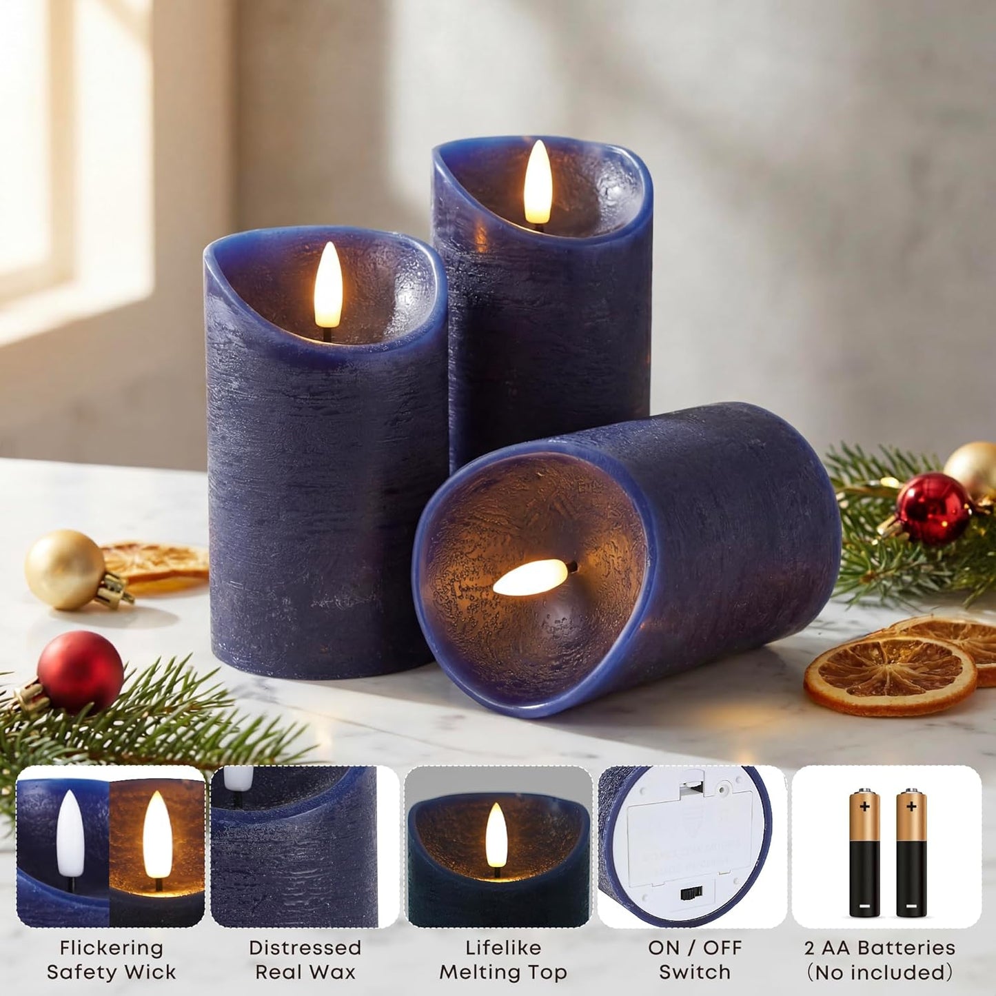 Elyrae Navy Blue Flameless Candles with Remote and Timer, Real Wax Made LED Pillar Candles Battery Operated with 3D Flickering Flame, 3" x 4",5",6", Navy Blue Decor, Set of 3