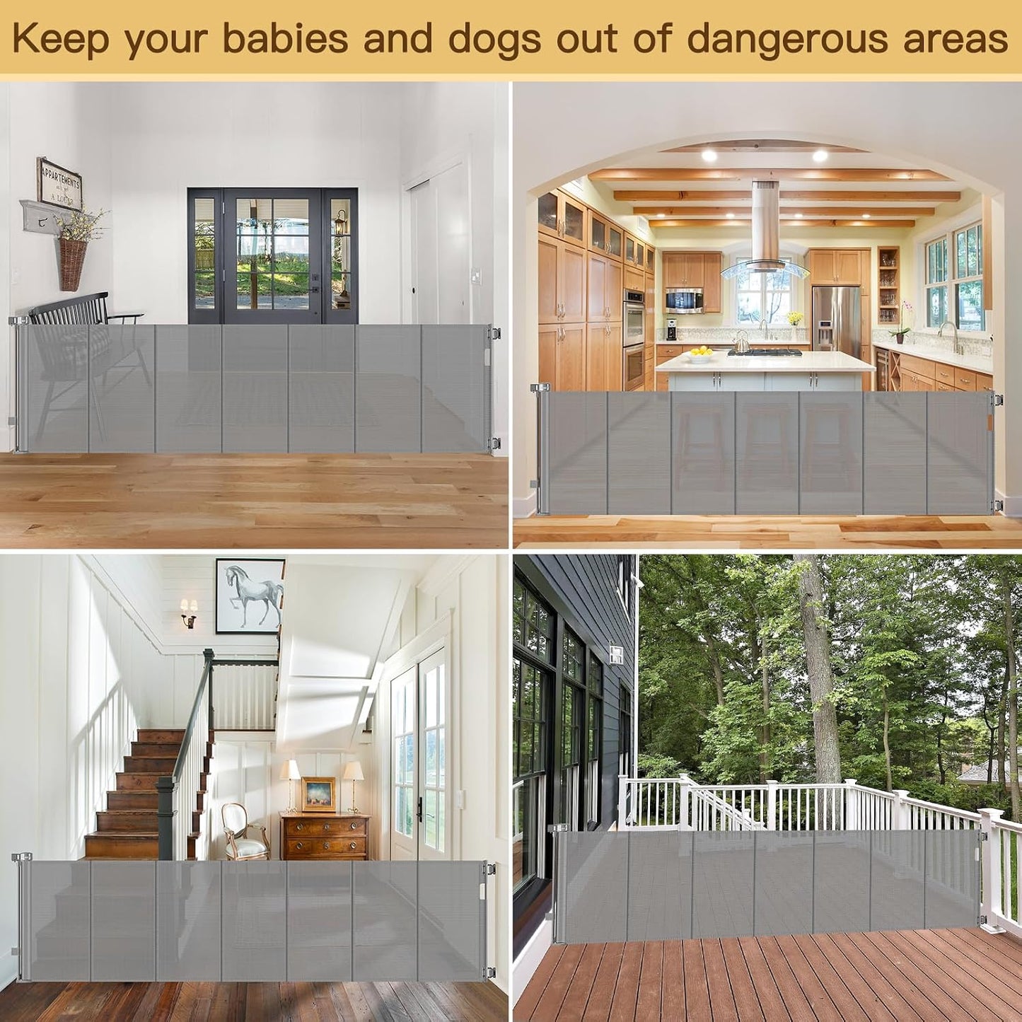 Reinforced 55" Wide Retractable Baby Gates with Reinforced Strips, Indoor/Outdoor Retractable Dog Gate for Doorway Prevent Bottom Drilling Through, No Bottom Bar Safety Mesh Baby Gate for Stair, Black