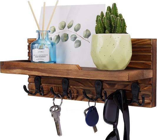 Decorative Key Hanging Rack with 4 Double Hooks – Easy Install Natural Wooden Key and Mail Holder for Wall Mount – Entryway Decor Rack with Shelf (Carbon Black)