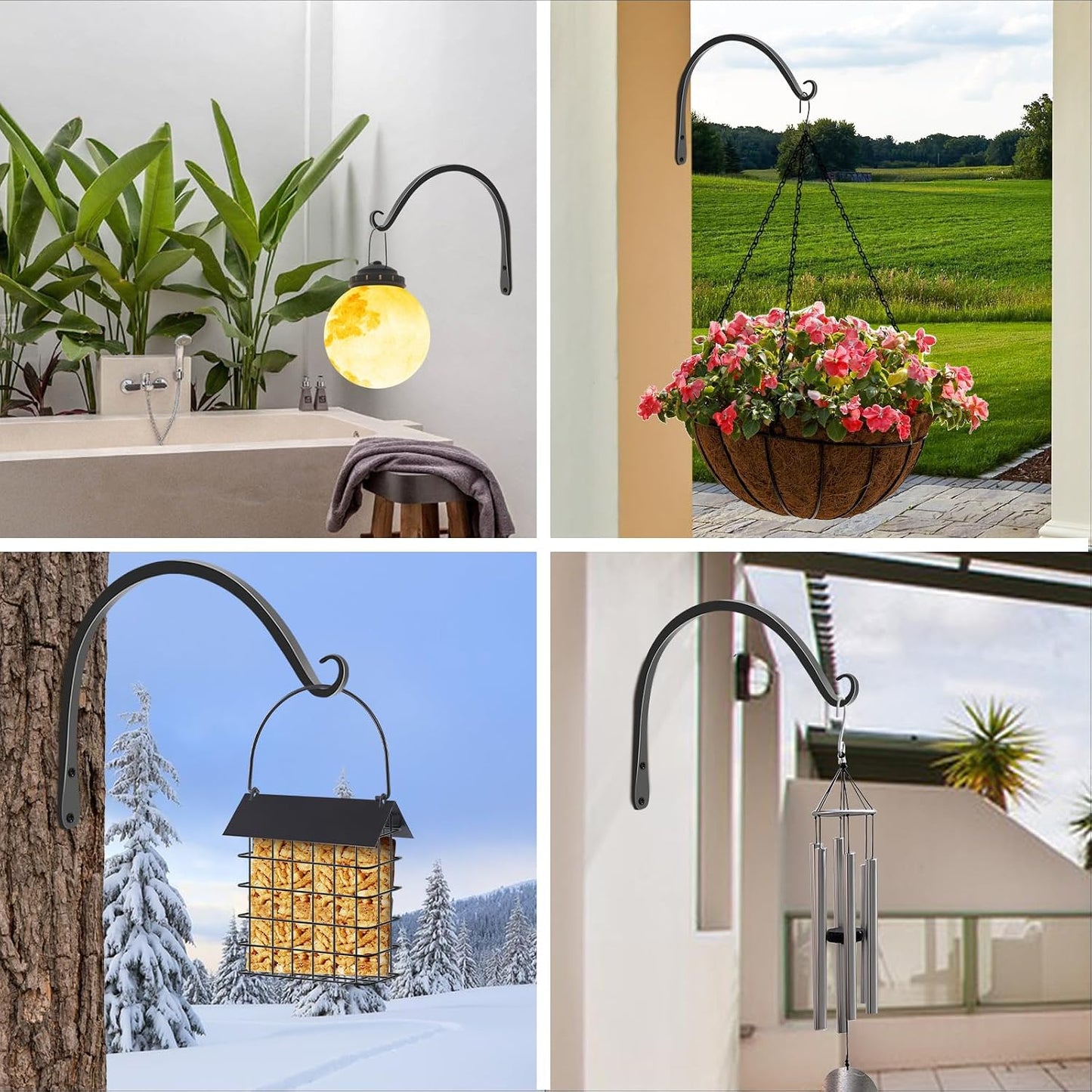 FEED GARDEN Heavy Duty Plant Hangers Outdoor Indoor, 8 Inch 2 Pack Metal Hanging Bracket Holds Up to 44 lbs, Wall Brackets for Hanging Baskets, Bird Feeders,Wind Chime& Lanterns, Black