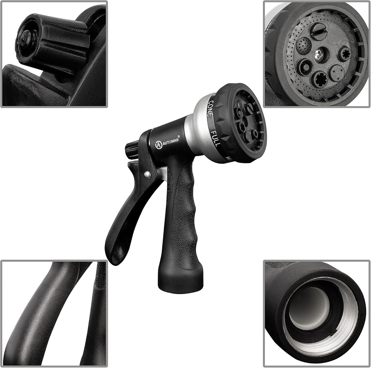 AUTOMAN Garden Hose Nozzle - 2 Pack, 100% Metal High Pressure Spray Nozzle, Labor-Saving Design, Heavy Duty for Garden Watering, Car Washing, Window Cleaning, Pets Bathing
