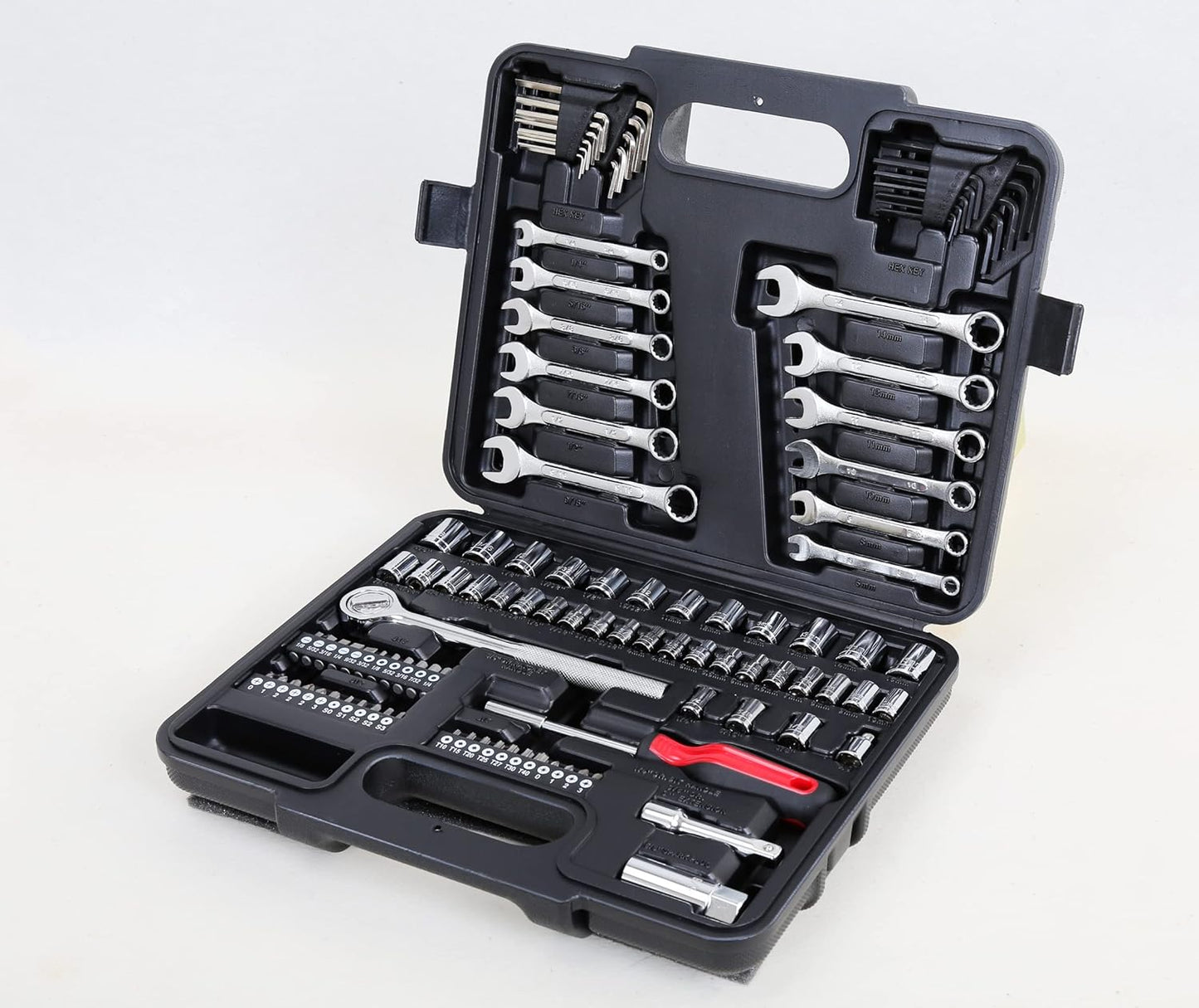 MECHMAX 121-Piece Mechanics Tool Set, 1/4 & 3/8-Inch Drive | Metric and standard SAE socket wrench kit. General automotive repair hand tool set for car mechanics and garage DIY