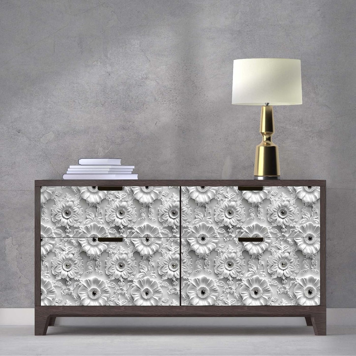 Grey White Floral Peel and Stick Wallpaper Modern Removable Self Adhesive Vinyl Contact Wall Paper with Printed 3D Visual Effect Flowers for Bedroom Bathroom Living Room 17.7" X 70.8"