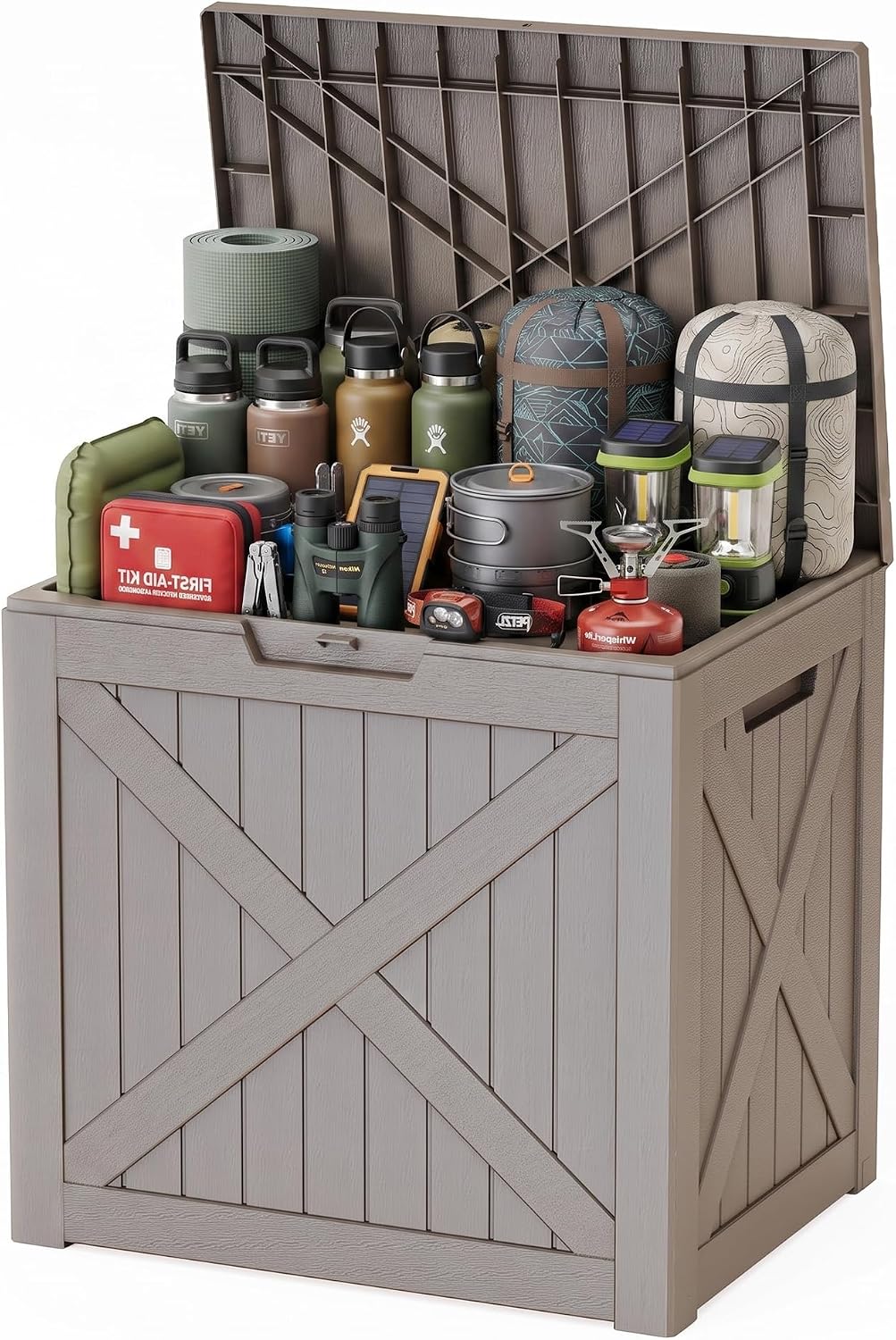 EasyUp 33 Gallon Resin Deck Box Waterproof, UV Resistant Outdoor Storage Box for Delivery, Porch, Patio and Garden, Stripe Black