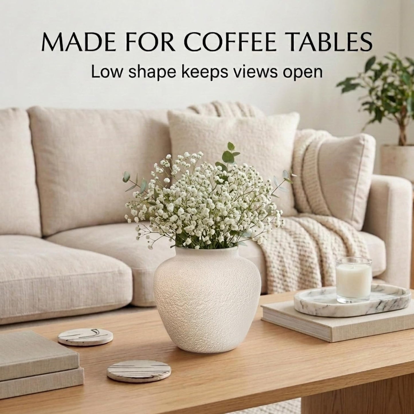 5.9" Small White Round Ceramic Vase, Coffee Table Shelf Decor