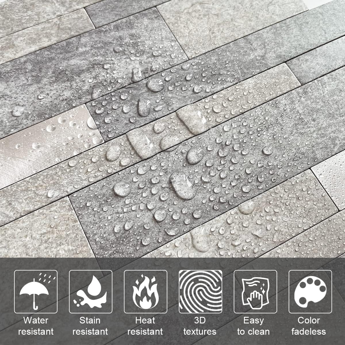 VAOVI Backsplash Tile Peel and Stick Kitchen Stone Subway Linear Mosaic Bathroom Shower Wall Waterproof(10pcs,Gray)