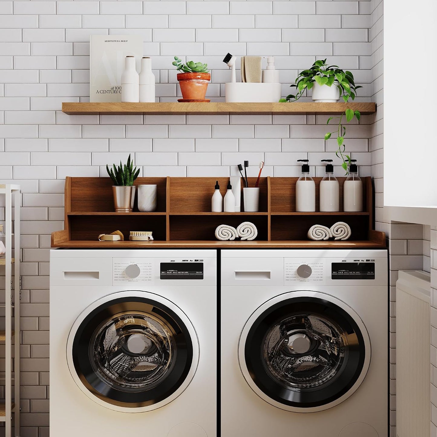 ChooChoo 2-Tier Washer Dryer Countertop with Adjustable Shelf, Spacious Laundry Room Storage for Folding Clothes and Efficient Organization, Walnut