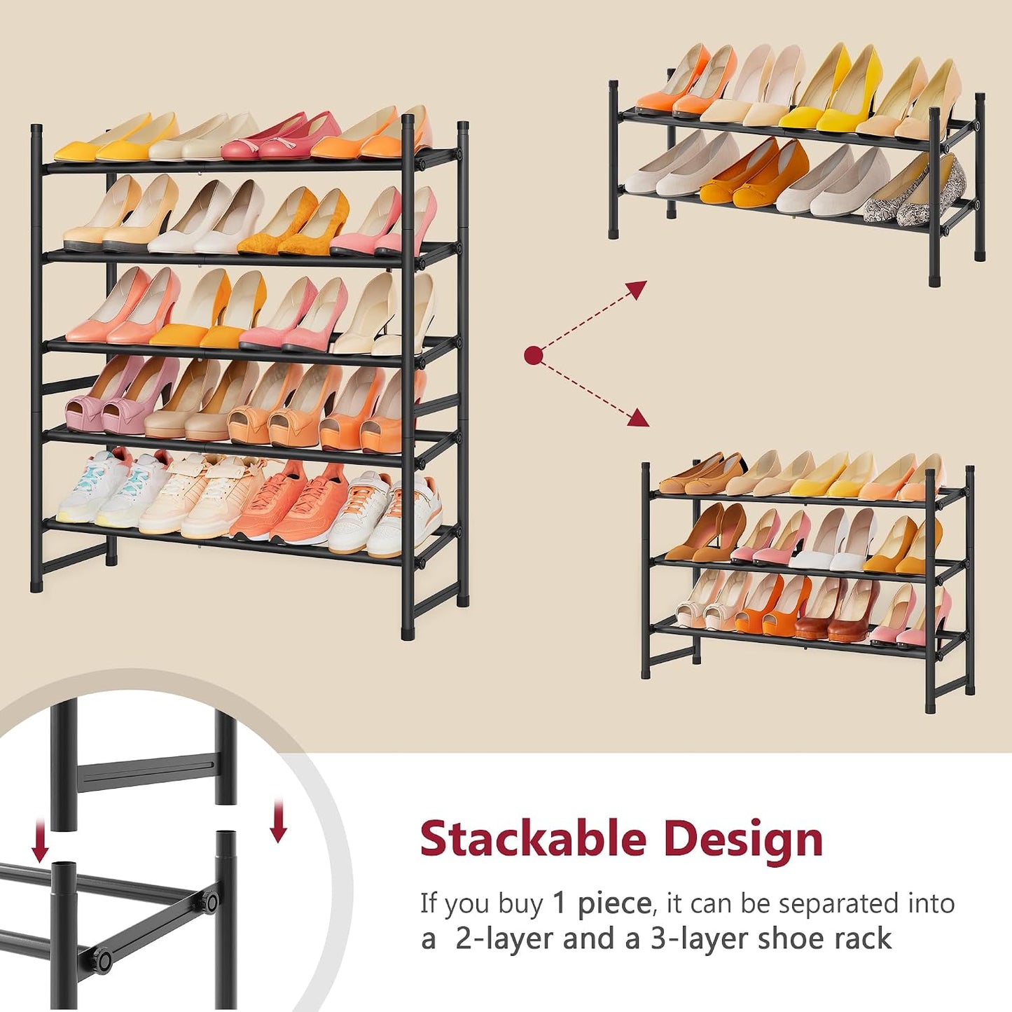 Tajsoon Expandable Shoe Rack for Closet 3 Tier, 28“-41“Adjustable & Stackable Shoe Shelf Storage, Metal Shoe Rack Organizer for Front Door Entrance, Closet, Garage, Entryway, Black