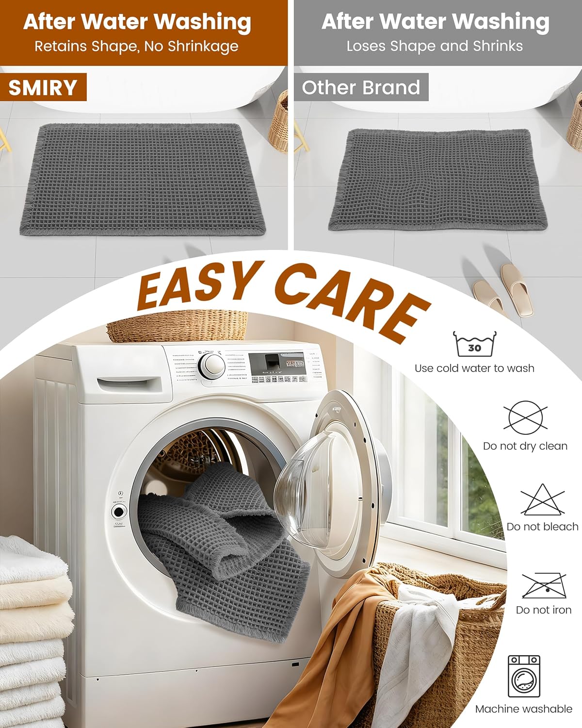 Smiry Waffle Bath Mat 30x20, Extra Soft Absorbent Bathroom Rugs, Non Slip Machine Washable Quick Dry Bath Rugs for Bathroom Floor, Tub, Shower, Home Decor Accessories, Brown