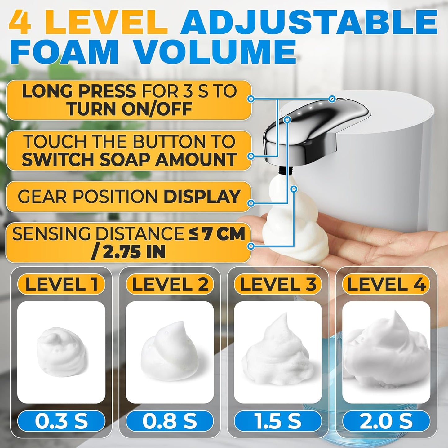 Automatic Soap Dispenser Touchless - 13.5 Oz Automatic Hand Soap Dispenser, 4-Level Adjustable Foaming, Rechargeable and Long-Lasting, Good for Kitchen, Bathroom, Hotels, Great as Home Essentials Gift