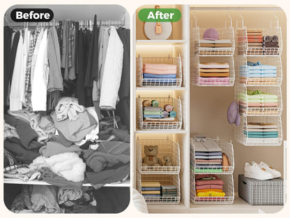 8-Tier Extended Depth Hanging Closet Organizers and Storage for Closet System, Stackable Closet Shelves with 4 Adjustable Dividers for Clothes Sweaters Purses, Wire Hanging Basket Fits Closet Laundry