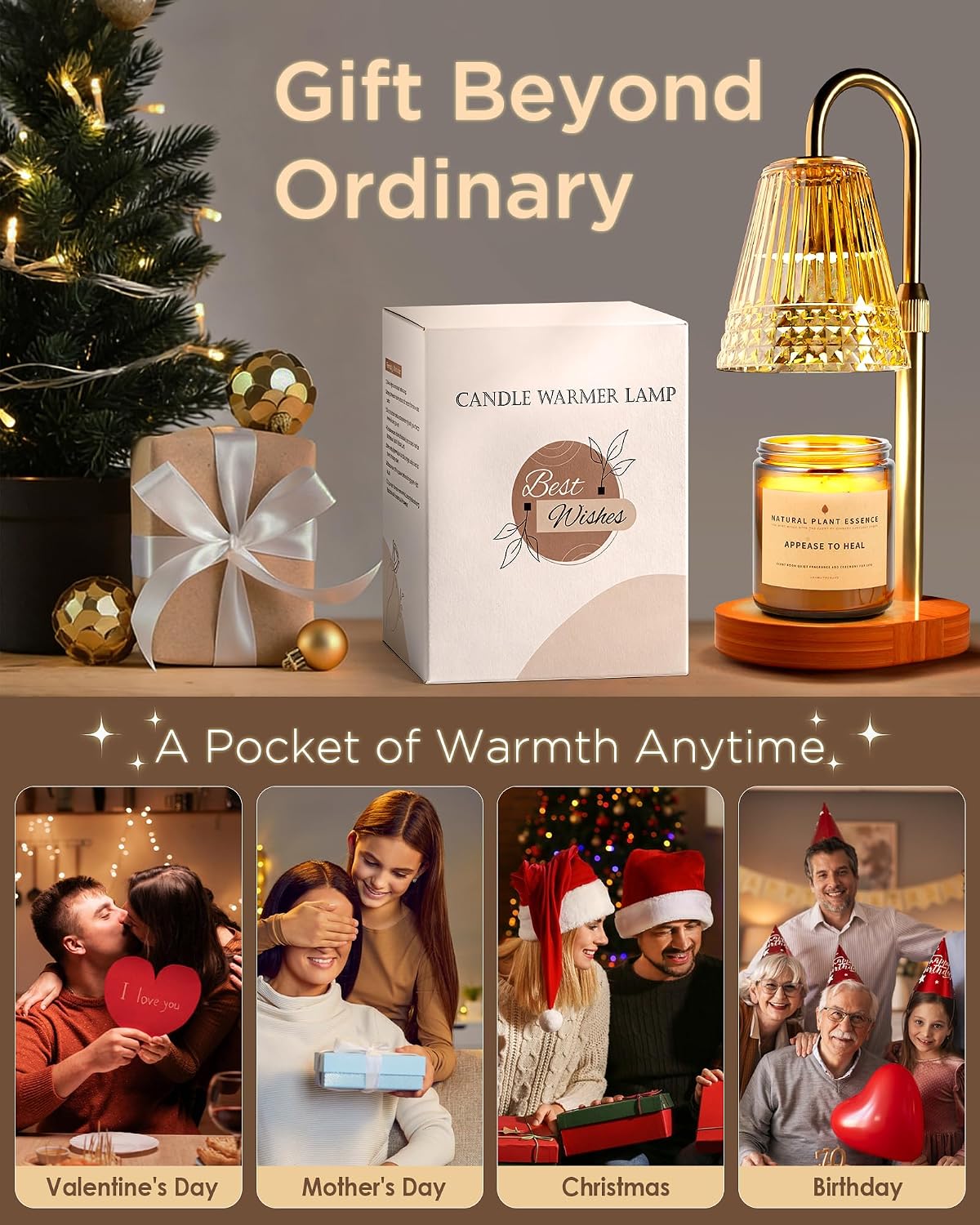 TATAANTY Candle Warmer Lamp with Timer and Dimmer, 4 Brightness Levels, Wooden Base, Mothers Day Gifts, Birthday Gift for Women, Golden, Home Decor Suitable for Bedroom, Offices, Living Rooms