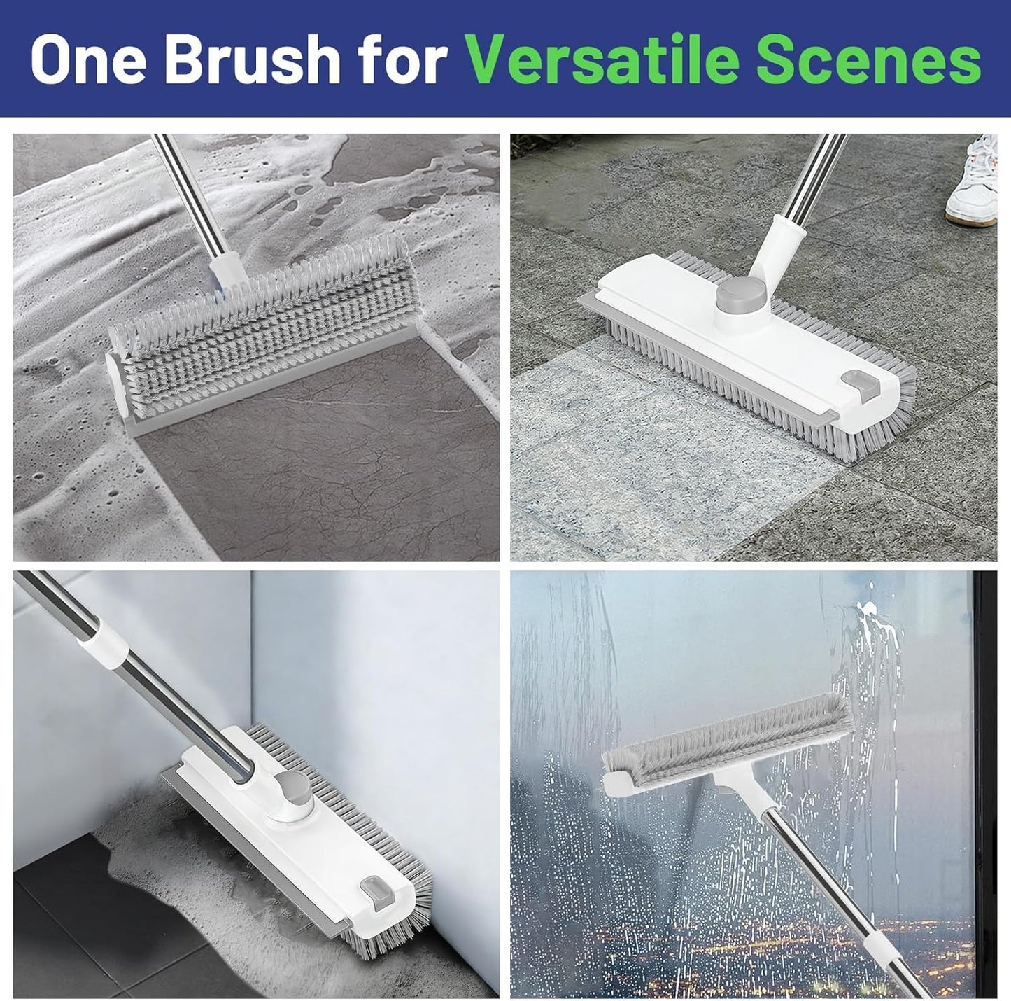 3 in 1 Floor Scrub Brush with Long Handle & Squeegee | Heavy-Duty, Adjustable, 360° Rotating Head for Cleaning Tile Bathroom Deck Kitchen Patio, Blue