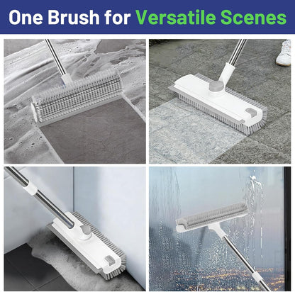 3 in 1 Floor Scrub Brush with Long Handle & Squeegee | Heavy-Duty, Adjustable, 360° Rotating Head for Cleaning Tile Bathroom Deck Kitchen Patio, Blue