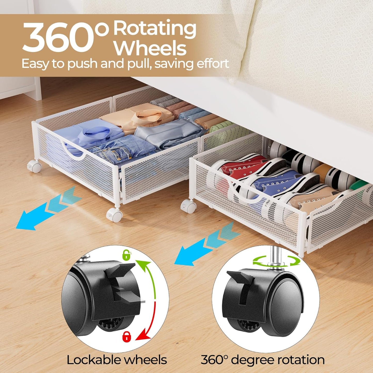 Yecaye Under Bed Storage with Wheels, 2 Pack Under Bed Shoe Storage Organizer Drawer, Tool-free Assembly Metal Underbed Storage Containers for Clothes, Shoes, Toys, Black