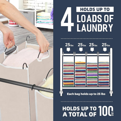 STO STO Laundry Sorter 3 Section, 3 Bag Clothes Hamper, Rolling Laundry Cart Basket with Heavy Duty Lockable Wheels and Removable Bag for Laundry Room, Bedroom, Closet, Gray