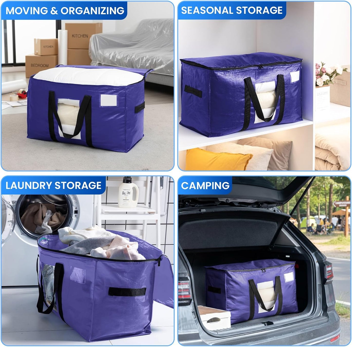 TAILI Extra Large Moving Bags, 4 Pack Blue Heavy Duty Totes For Storage with Visible Window, Wrap Around Handles, Storage Bags for Space Saving, Alternative to Moving Boxes