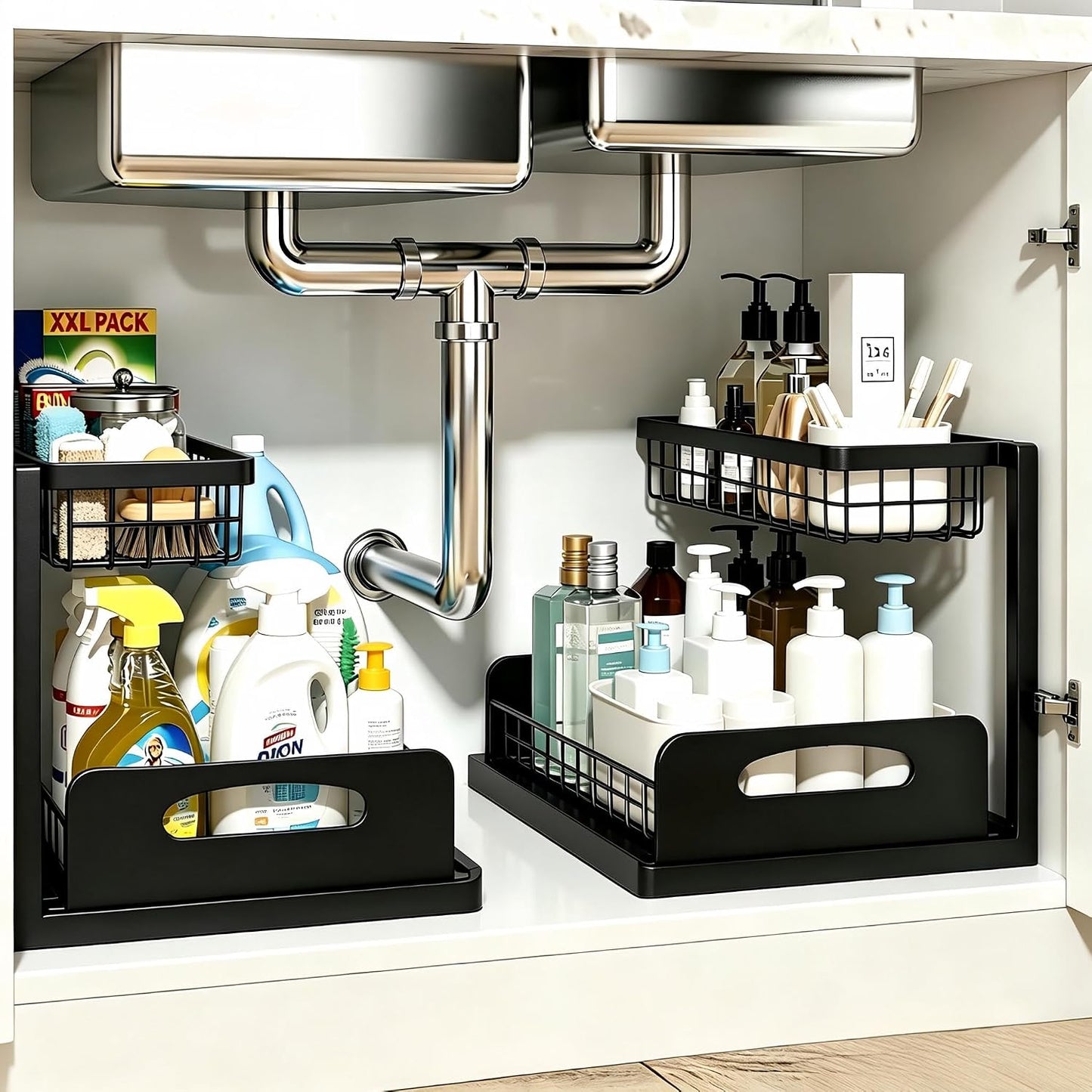 2 Pack Under Sink Organizer, 3-Tier Pull Out Kitchen Cabinet Organizer with 5 Adjustable Heights Metal Slide Out Bathroom Storage Makeup Drawer Rack for Bedroom Office Pantry Home Organization, White