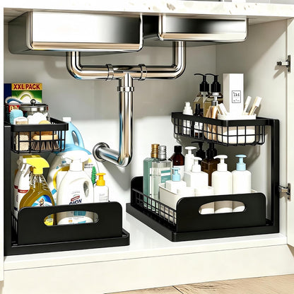 2 Pack Under Sink Organizer, 3-Tier Pull Out Kitchen Cabinet Organizer with 5 Adjustable Heights Metal Slide Out Bathroom Storage Makeup Drawer Rack for Bedroom Office Pantry Home Organization, White