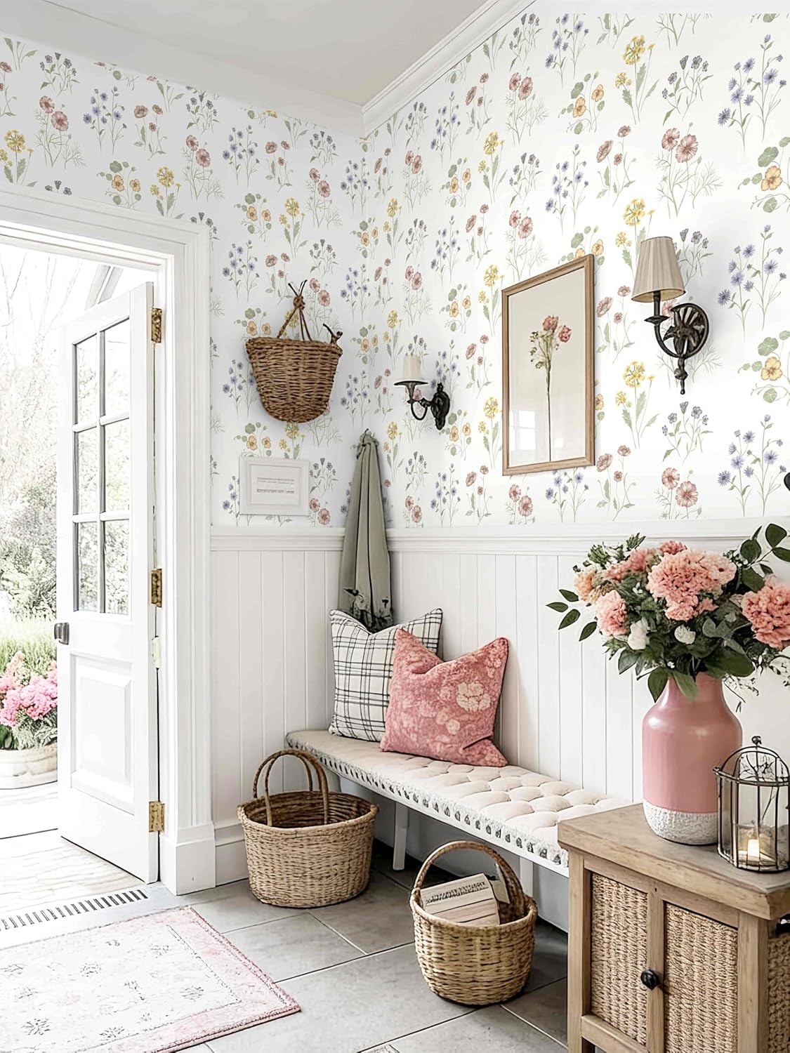 Dimoon 17.3''x78.7'' Vintage Peel and Stick Wallpaper Boho Beige Neutral Contact Paper White Floral Bird Wallpaper Removable Botanical Renter Friendly Modern Wall Paper Bedroom Bathroom Vinyl Roll