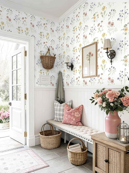 Dimoon 17.3''x78.7'' Vintage Peel and Stick Wallpaper Boho Beige Neutral Contact Paper White Floral Bird Wallpaper Removable Botanical Renter Friendly Modern Wall Paper Bedroom Bathroom Vinyl Roll