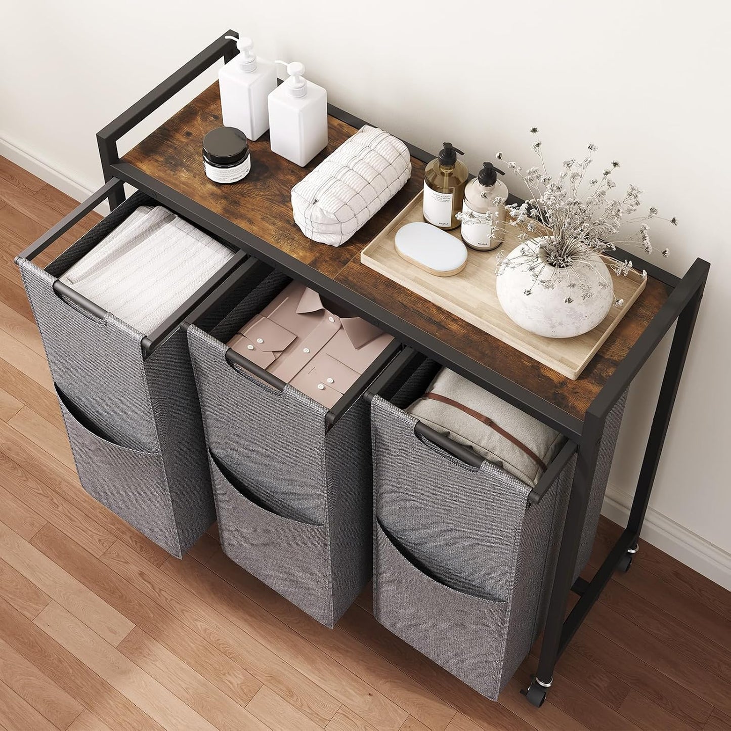 HOOBRO Laundry Sorter 3 Section, Laundry Hamper with Wheels, 3 × 11.5 Gal (43.5 L), Rolling Laundry Basket, Pull-Out and Removable Oxford Fabric Laundry Bags, Rustic Brown and Black BF76XY01