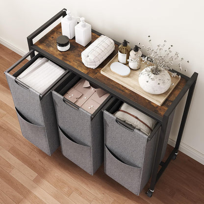HOOBRO Laundry Sorter 3 Section, Laundry Hamper with Wheels, 3 × 11.5 Gal (43.5 L), Rolling Laundry Basket, Pull-Out and Removable Oxford Fabric Laundry Bags, Rustic Brown and Black BF76XY01