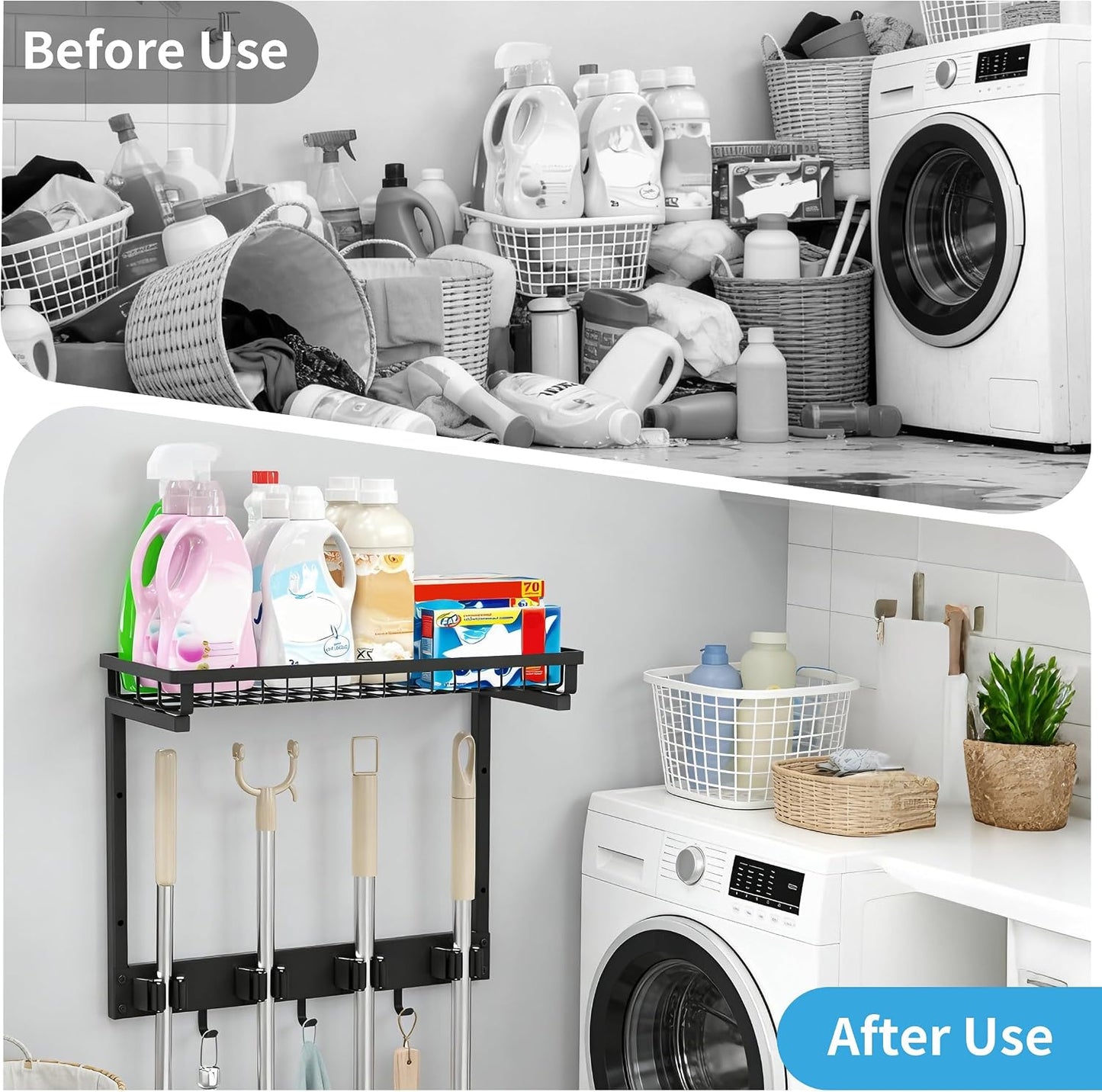 XLP Heavy Duty Broom Holder Wall Mount, All-Metal Cleaning Supplies Organizer & Mop Holder, Space Saving Wall Hanging Rack with Hooks for Home, Garage, Laundry Room - Black