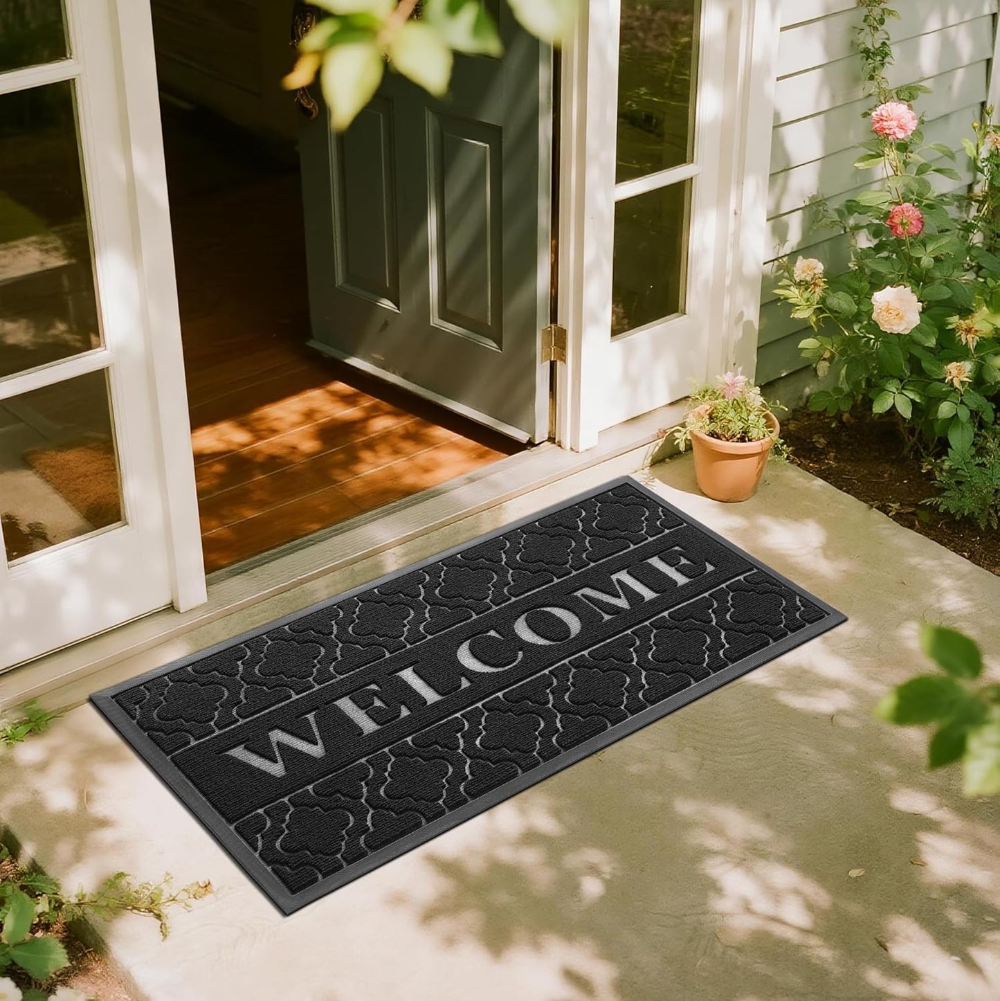 Yimobra Welcome Mat Outdoor Indoor, All-Weather Waterproof Front Door Mat Outside Entrance, Non-Slip Low Profile Porch Patio Doormat, 29.5x17, Black