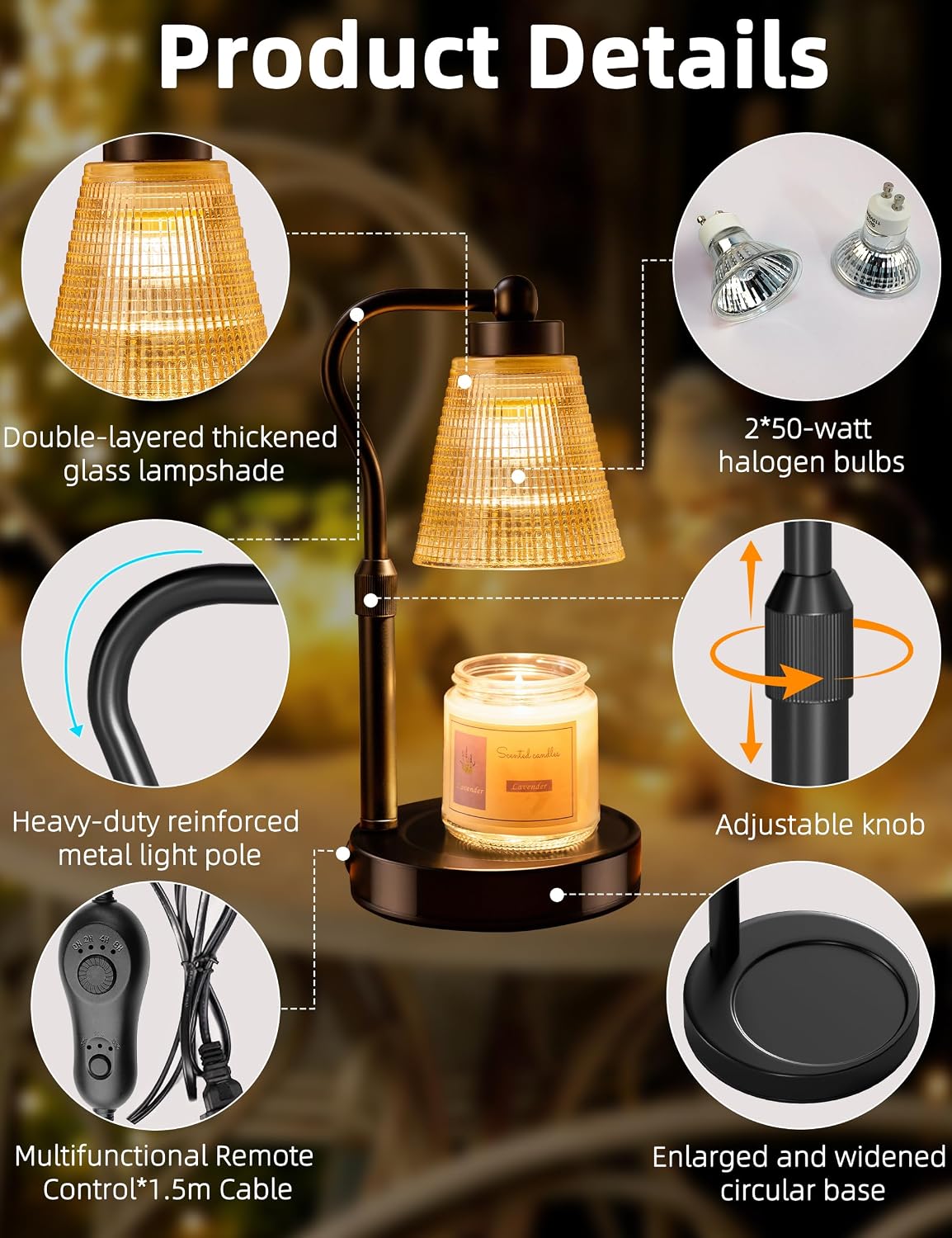 Candle Warmer Lamp for Jar Candles, Height Adjustable & Dimmable with 2/4/8H Timer, 2*50W Halogen Wax Melter Warmer for Home Office Décor, Flameless & Smokeless, Gift for Women Mom, Black-Clear/1 Pack