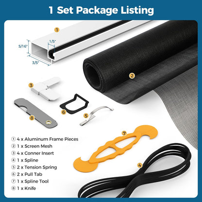 Augblinds 2 Sets Window Screen Frame Kit, 5/16 in x 3/5 in x 46 Inch, Makes Two Complete Screen 46" x 46" or Smaller, Includes Premium Screen Mesh, 8 Heavy Duty Corners & Durable Spline, White