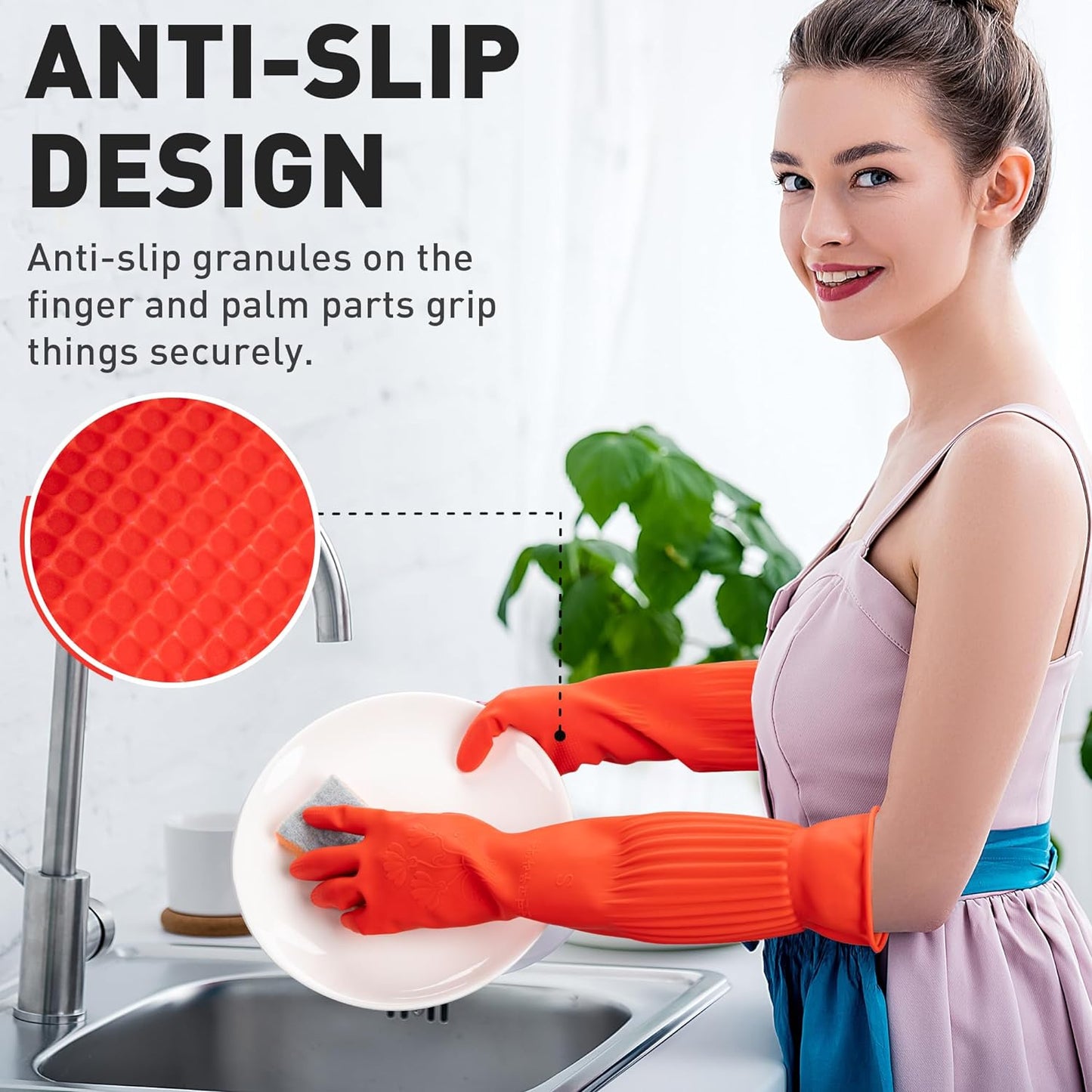 ThxToms Dishwashing Gloves, 2 Pairs Fleece Lined Rubber Dish Gloves for Washing Dishes, Waterproof Reusable Kitchen Cleaning, Long Cuff Anti Slip,Large