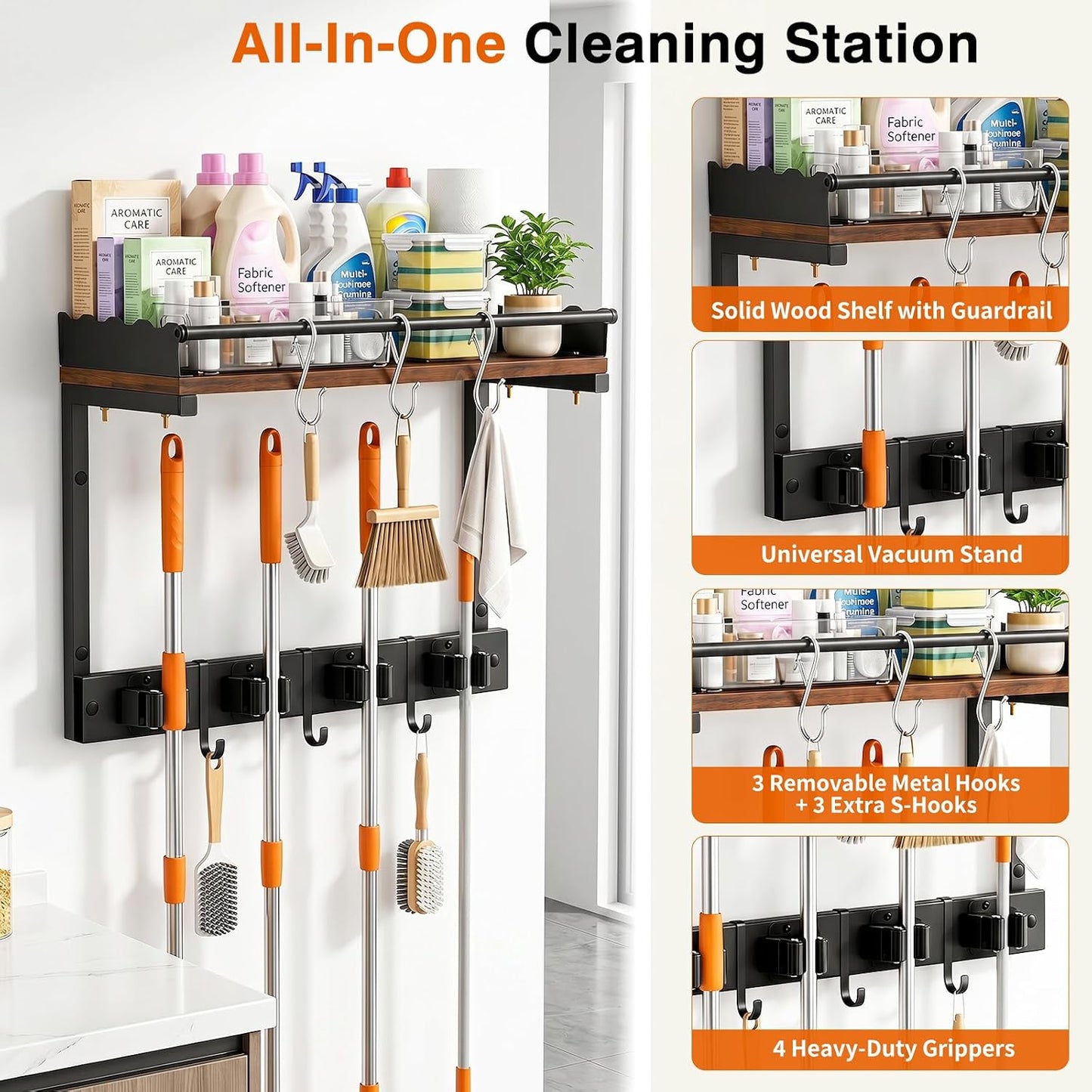 Broom Holder Wall Mount, Heavy Duty Broom and Mop Organizer Wall Hanging with Vacuum Stand, 5 Grippers & 10 Hooks, Utility Racks with Wood Shelf & Guard, Laundry Organization & Storage (S)