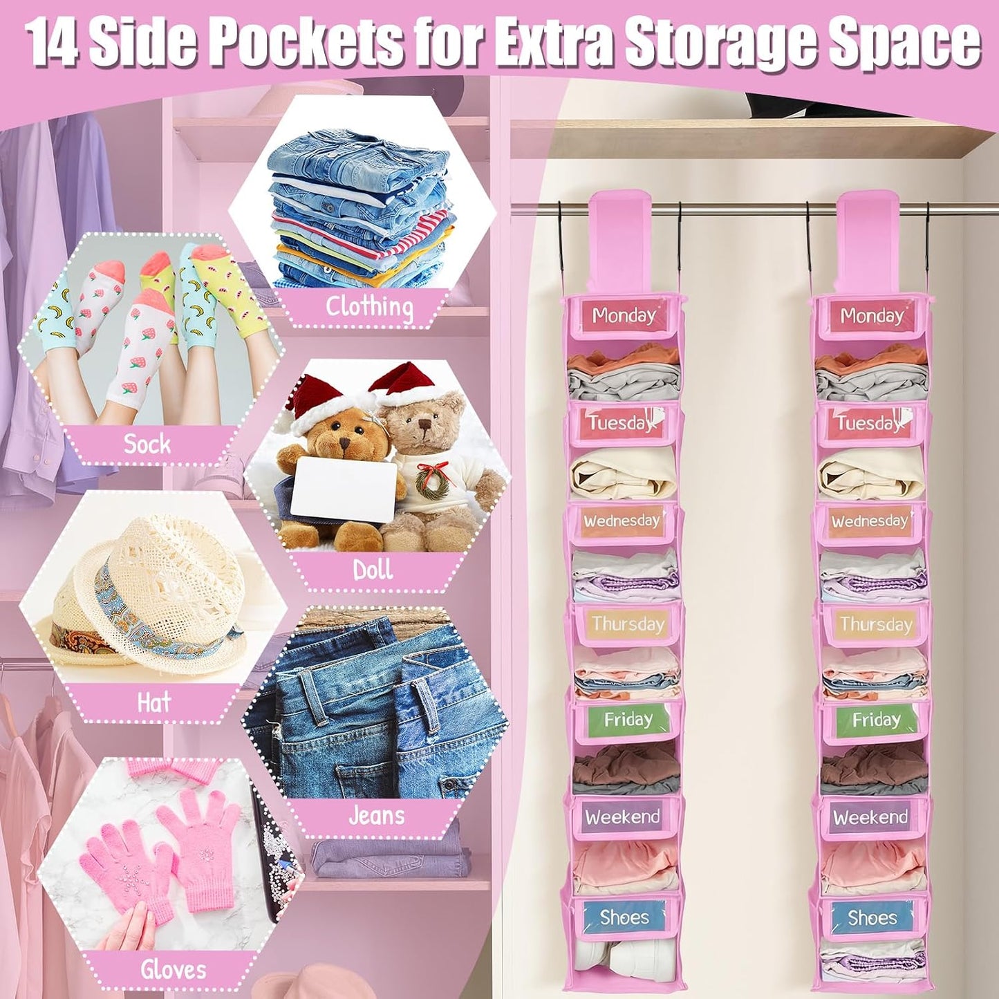 2 Pack 7 Shelf Weekly Clothes Organizer Hanging Closet for Kids with Side Pockets Weekday Shoes Rack Weekly Clothes Organizers Monday Through Weekend Foldable Storage Shelves(Black)