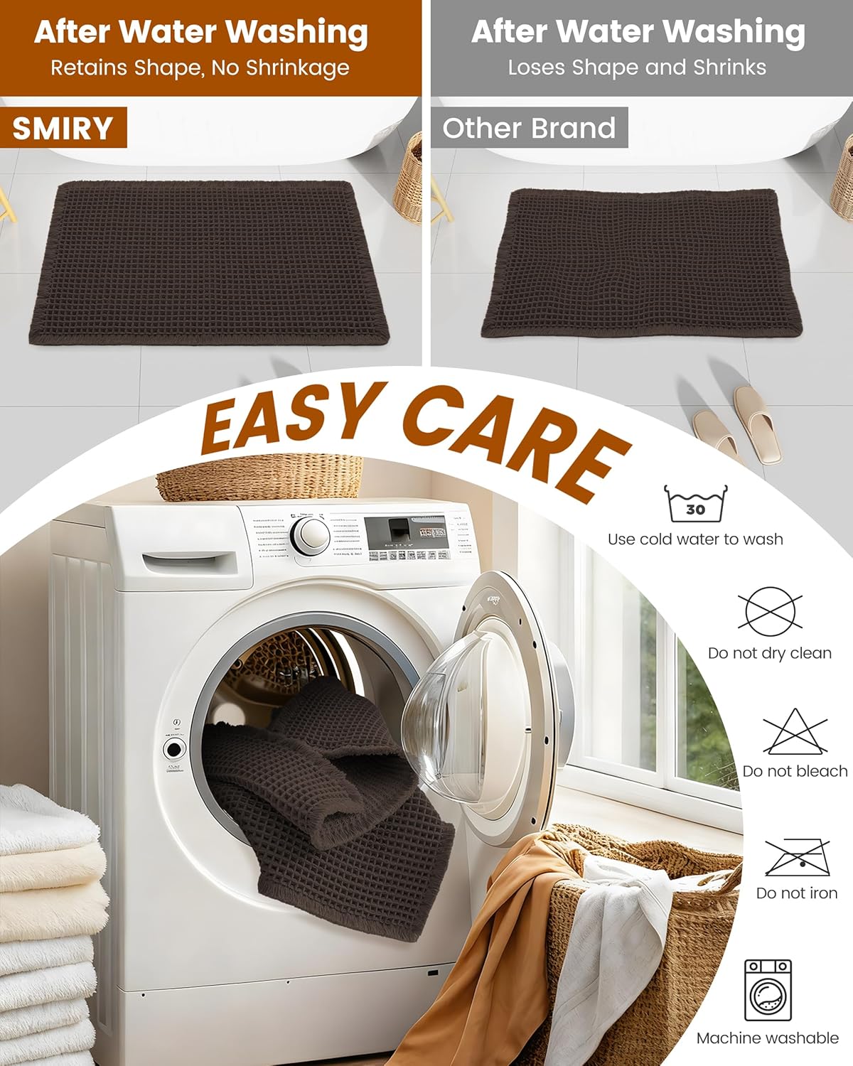 Smiry Waffle Bath Mat 30x20, Extra Soft Absorbent Bathroom Rugs, Non Slip Machine Washable Quick Dry Bath Rugs for Bathroom Floor, Tub, Shower, Home Decor Accessories, Brown