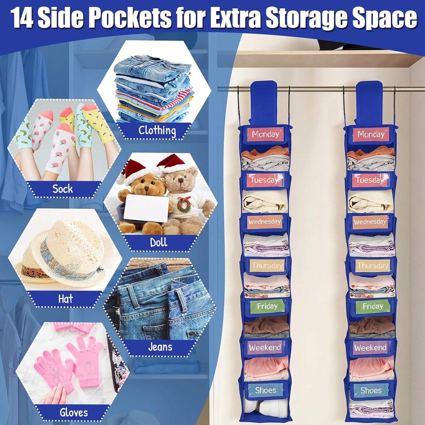 2 Pack 7 Shelf Weekly Clothes Organizer Hanging Closet for Kids with Side Pockets Weekday Shoes Rack Weekly Clothes Organizers Monday Through Weekend Foldable Storage Shelves(Black)