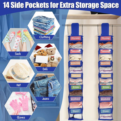 2 Pack 7 Shelf Weekly Clothes Organizer Hanging Closet for Kids with Side Pockets Weekday Shoes Rack Weekly Clothes Organizers Monday Through Weekend Foldable Storage Shelves(Black)