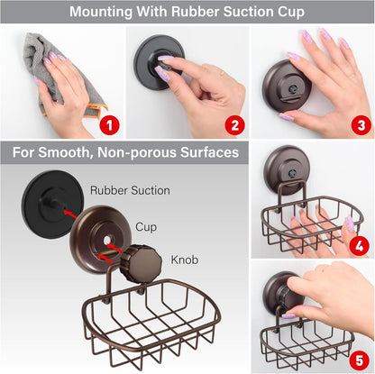 HASKO 2-Pack Suction Cup Soap Holder – Bar Soap Dish for Shower with Hooks for Bathroom – Optional Mounting with Adhesive Tape or Glue – Includes 2 Soap Savers – Stainless Steel SS304 - Silver