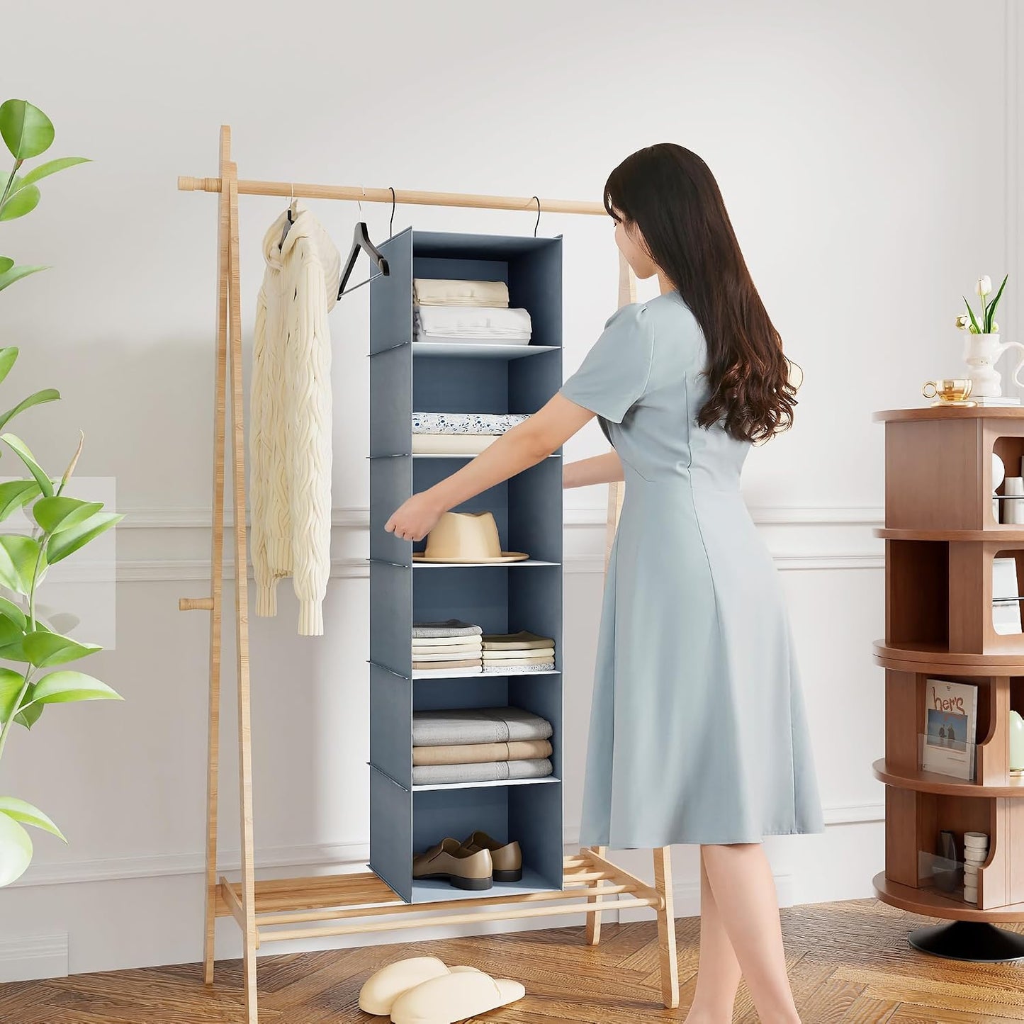 Hanging Closet Organizer 3-Shelf, Oxford Fabric Wardrobe Storage, Gray | Easy-mount foldable design holds clothes, handbags, shoes & accessories; washable Oxford fabric, sturdy and space-saving.