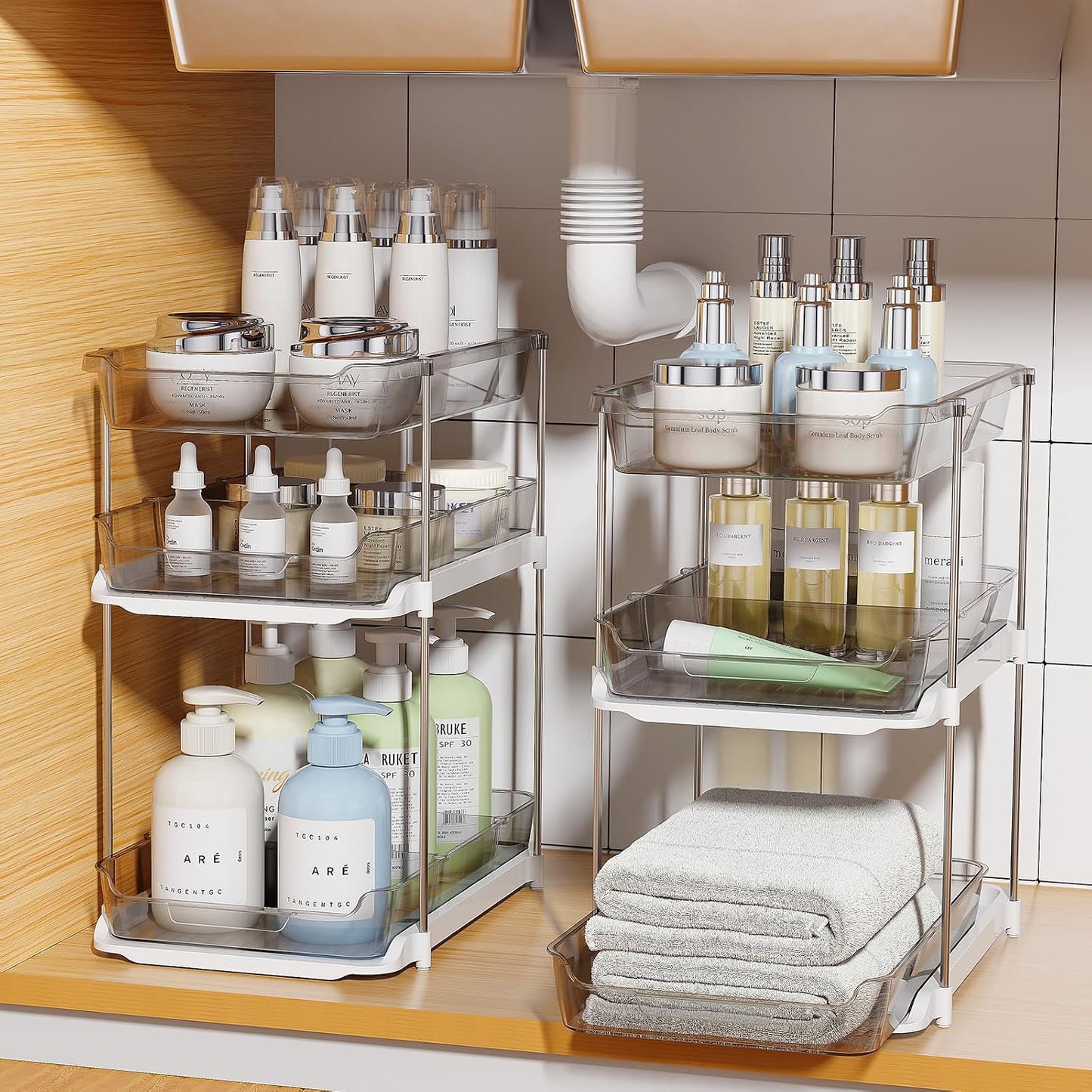 Delamu 2 Sets of 3-Tier Bathroom Under Sink Organizers and Storage, Multi-Purpose Stackable Pantry Organization and Storage, Pull Out Clear Kitchen Bathroom Cabinet Organizer with Movable Dividers | Storage