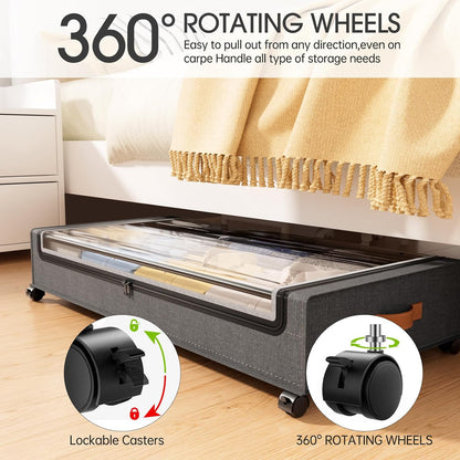 Yecaye Under Bed Storage with Wheels, 2 Pack Under Bed Storage Containers, 60L Underbed Shoe Storage with Clear Window & Label, Rolling Under Bed Metal Drawer for Clothes, Shoes, Books, Blankets