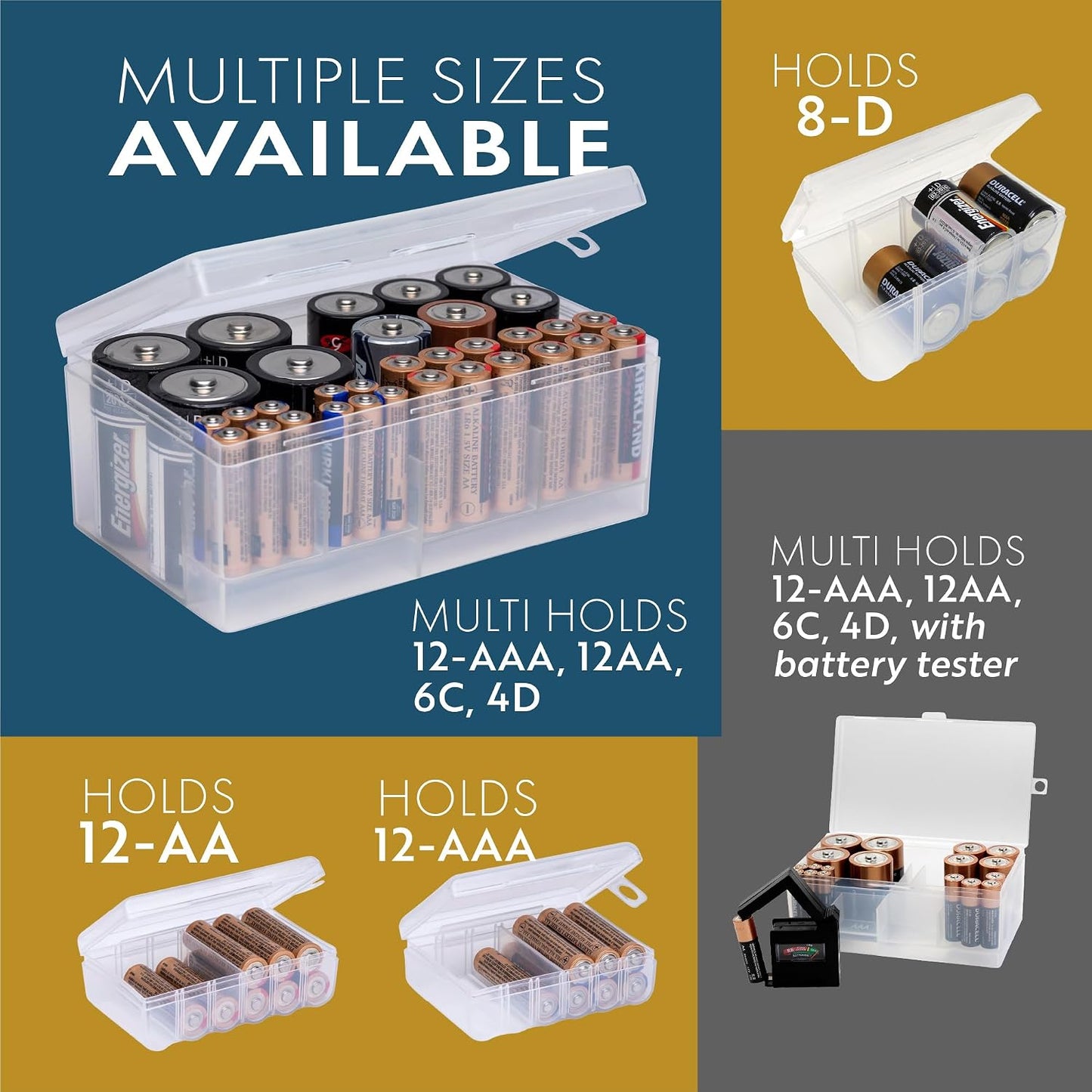 Dial Industries Battery Organizer Case with Tester for 12 AAA 12 AA 6C 4D | Compact cases for organizing in garage, toolboxes, RVs etc. Clear cases so easy to find in emergencies vs loose in drawer.