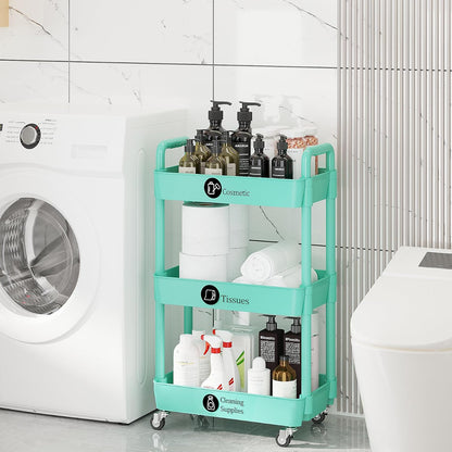 Laiensia 3-Tier Rolling Cart with Wheels,Multifunction Utility Storage Carts, Kitchen Storage Organizer,Mobile Shelving Unit for Bathroom,Laundry,with Classified Stickers,White