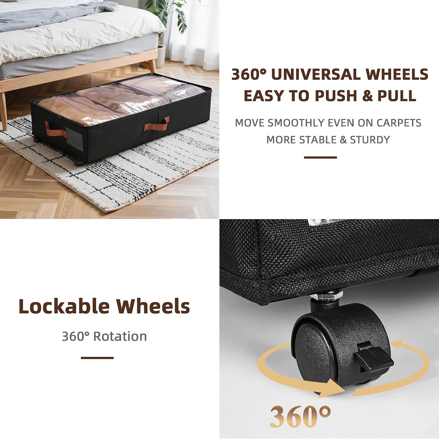 VECELO Under Bed Storage with Wheels, 2 Pack Fully Enclosed Zippered Dust Cover Bins with Clear Lids, Metal Frame and Ultra Thick Fabric Underbed Storage Organizer, Shoe Storage Box, Black