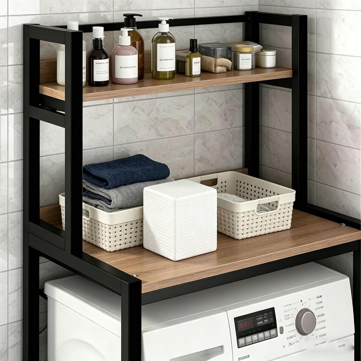 Laundry Room Space Saver Shelf, Over The Washer Dryer 2-Tier Storage Rack with Wood Top, Heavy-Duty Metal Frame Washing Machine Organizer Stand, Organization Unit for Bathroom, Balcony, Utility(Black)