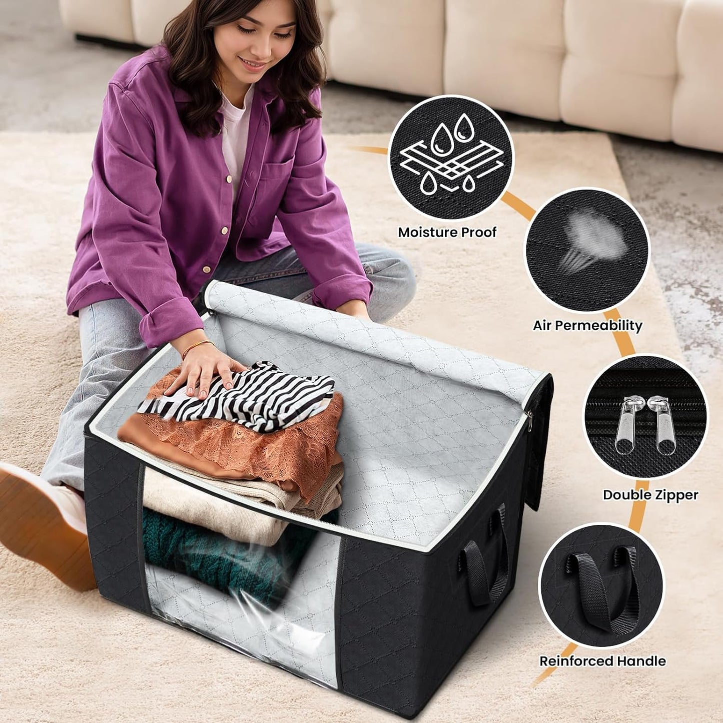 Fab totes 6 Pack Storage Bags for Clothes and Blanket, Foldable Closet Organizers and Storage with Zippers, Clear Window and Handles, Fabric Storage Bins for Sweater, Comforter, Bedding,Linen Sheets