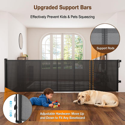 Reinforced 120" Extra Wide Retractable Baby Gates for Stairs, Mesh Saftey Gate for Pets, 10 Foot Retractable Dog Gate, No Drilling, One-Hand Operation, Retractable Gate for Indoor & Outdoor Use