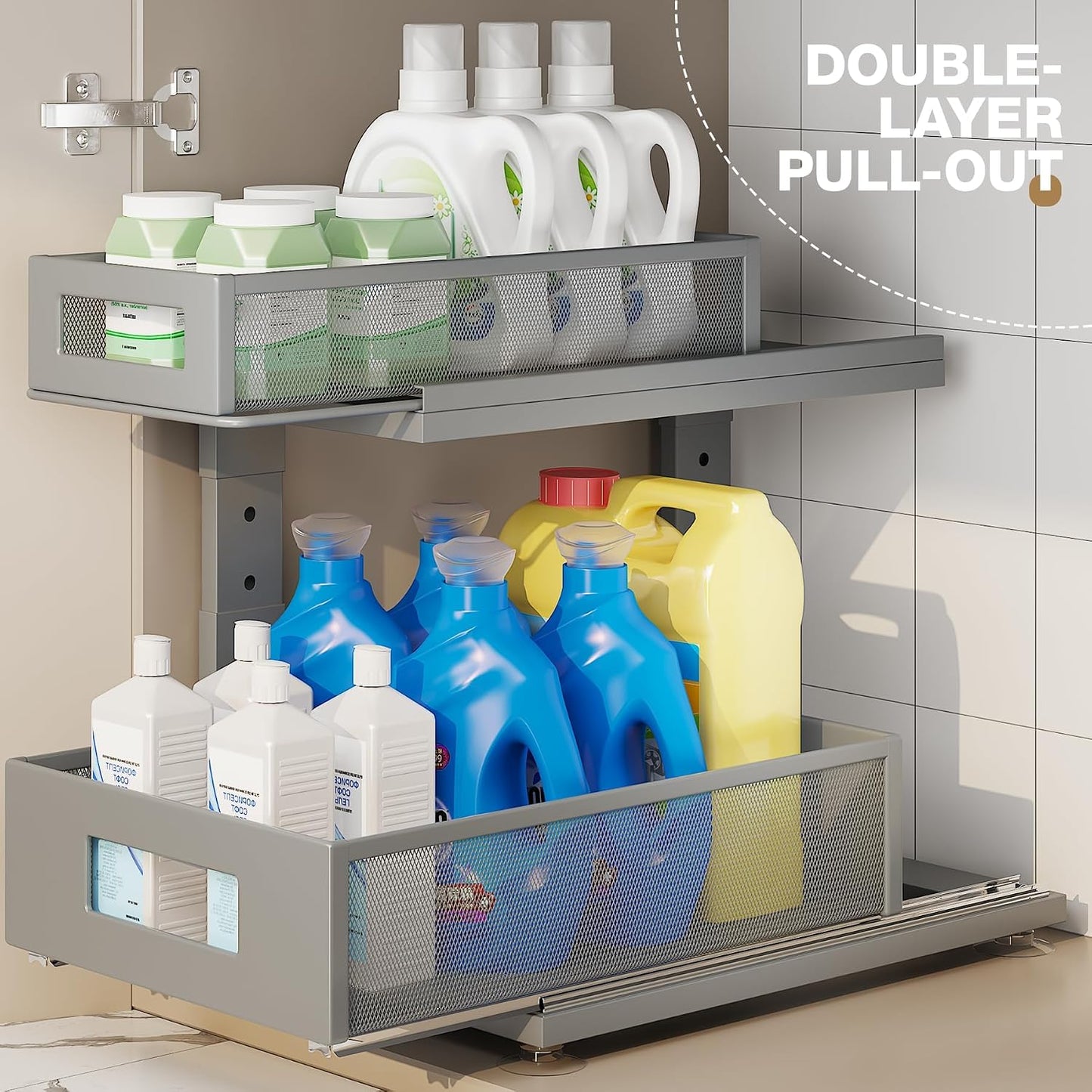 2 Pack Under Sink Organizer with Next-Gen Ball-Bearing Slides,2-Tier Pull Out Cabinet Storage,Height Adjustable Drawer Shelf for Bathroom,Kitchen,Laundry,Cabinet,Pantry(Patent Pending)